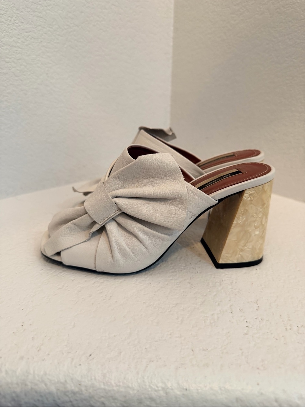 Topshop Cream Bow Block Heel Mules with Gold Accent